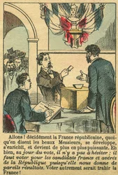Republikánská Francie si zasloužila hlasy Francouzů. Rytina v příloze "Le Figaro", 30. března 1889, Paříž. Sb. Selva.