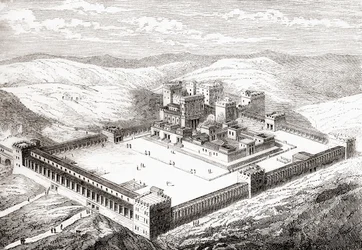 Obnovený Druhý chrám, který nahradil Šalamounův chrám, Jeruzalém, z knihy Les Merveilles de la Science, vyd. 1870.
