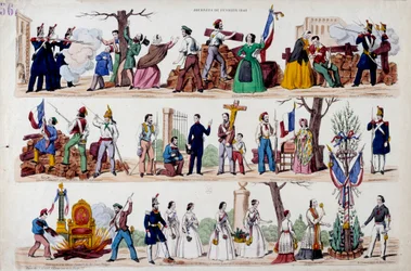 Únorová revoluce 1848: velké okamžiky povstání 23. února, barikády, pak sbratření mezi vojáky, dělníky a buržoazními, zničení symbolů moci Ludvíka Filipa I. (Louis-Philippe) a nakonec
