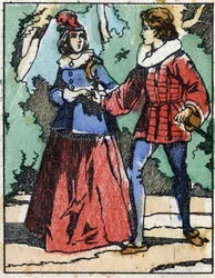 Riquet se znovu představuje princezně. Ilustrace k „“ Riquet a la houppe““, příběh Charlese Perraulta (1628-1703), francouzského spisovatele. Dřevoryt Imaging Pellerin - Epinal, sd. Konec 19. století.