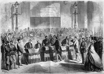 Risorgimento, Neapol, 21. října 1860: hlasování obyvatelstva v kostele Saint Francois de Paule o připojení města k Italskému království. Rytina v „“ Le Monde Illustré““ č. 188 ze 17. listopadu 1860.