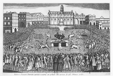 Robert-François Damiens popravený na Place de Grève v Paříži, 28. března 1757