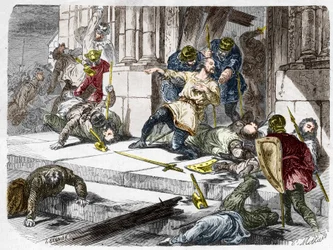 Robert the Fort zemřel (asi 815-866), vévoda z Francie, během bitvy u Brissarthe, v roce 866, když se postavil frankům proti armádě spojující Bretona a Vikinga. Rytina v „“ Histoire De France En Cent Paintings od Paula Lehugeura „“ 1891