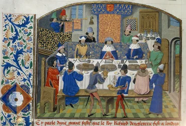 Roy 14 E IV fol.265v, Vévodové z Yorku, Gloucesteru a Irska večeří s Richardem II., sv. III „Od korunovace Richarda II. do roku 1387“, od Jeana de Bâtard Wavrin