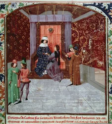 Roy 15 E IV f.14 Edward IV přebírá knihu od autora, ze starých letopisů Anglie, od Jeana Batarda de Wavrin, kolem 1470-80 (vellum)