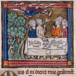 Royal 14 E. III, f.76v Sedm rukou vrhlo oheň na Moyse, ilustrace z „Příběhu Svatého Grálu“ (vellum)