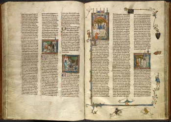 Royal 14 E. III, ff.88v-89 Lancelot vyjímá hlavu svého sťatého dědečka, krále, z vroucí studny; budova se hroutí na dva rytíře. Vpravo miniatura Artuše a Guinevery sedících na banketu z 