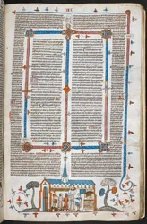 Royal MS 10 E IV f.211r, basdepage scéna komunikujících na mši, cca 1300-40 (pero & tuš a tempera na pergamenu)