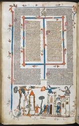 Royal MS 10 E IV f.88v, basdepage scéna draka útočícího na hrad, cca 1300-40 (pero, inkoust a tempera na pergamenu)
