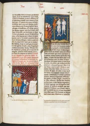 Royal MS 16 G. VI, f.306r, Vražda Karla, hraběte flanderského, oběšením (Ludvík VI, kniha 20), z Les Grandes Chroniques de France