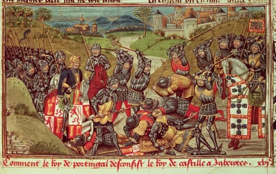 Royal Ms 14 E IV f.204: Juan I. z Avisu porazil Juana I. Kastilského v bitvě u Aljubarroty v Portugalsku