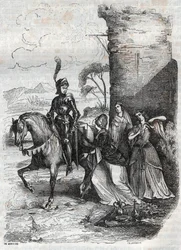 Ruggiero a tři nymfy ze dvora Alcina - rytina z roku 1851 z básně Orlando furioso