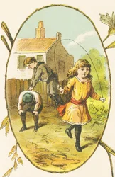 S: Suzanne se baví skákáním přes švihadlo, zatímco její bratři Sylvestre a Simon hrají Saute-Mouton