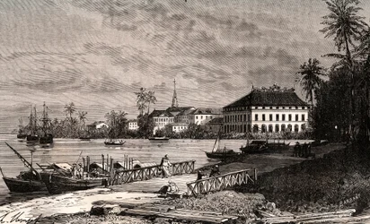 Saigon - Vietnam - Ho-Chi-Minh City (Ho Či Minovo město) - rytina v „La France illustree: geografie, historie, statistická správa“ od V.-A. Sladově hnědá. 1884
