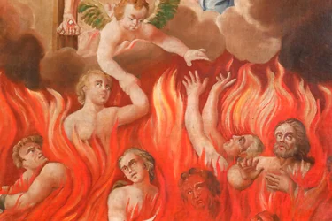 Kostel Saint-Nicolas de Veroce. Poslední soud: peklo. Skupina zachráněných. Malování. Francie.