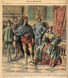 Svatý Lukáš přivedl svou ženu Jeanne. Ilustrace románu „La Dame de Monsoreau“ od Alexandra Dumase. v Journal of Illustrated Popular Novels“.