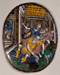 Samson a Dalila Samsonovi ztrácejí sílu poté, co si Dalila ostříhala vlasy. Brožura Limoges. cca 1575 Londýnské Victoria and Albert Museum
