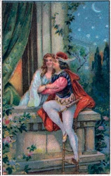 Scéna ze Shakespearova dramatu "Romeo a Julie", 3. dějství, 5. scéna: milenci na balkoně.