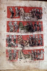 Scéna studentského života na College of Hubant nebo Ave Maria v Paříži Scény studentského života (reprezentace evangelistů) a vysokoškolské předpisy. Pásma 16 až 19. Rukopisná stránka “” Livre des statutes du College de Hubant ou de l
