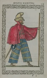 Skotský muž v domorodém kroji, z Costumes du Monde, vydáno v Antverpách, 1572 (barevná dřevorytina)