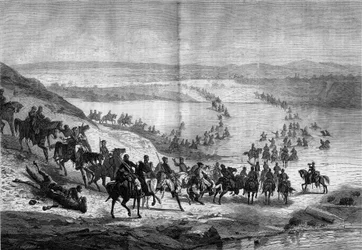 Secesní válka (1861-1865) nebo Americká občanská válka: překročení Potomacu jižní kavalérií generála Stuarta. Rytina v „“ Le Monde Illustré““ č. 293 z 22. listopadu