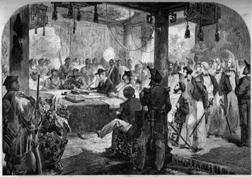 Druhá opiová válka mezi Francií, Anglií a Čínou (1858-1860) - podpis Tchien-ťinské smlouvy (Tientsin) v roce 1858: angličtí a francouzští velvyslanci lord Elgin (James Bruce
