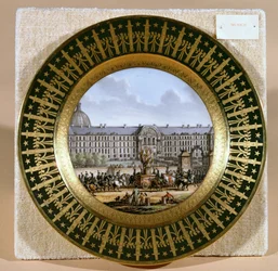 Deska Sevres zobrazující přílet meče Fridricha II. (1712-86) Velikého v Hotel des Invalides (porcelán)