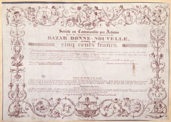 Podílový list na 500 franků pro Bazar Bonne-Nouvelle, 1836
