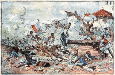 Obléhání a dobytí Zaragozy (Zaragoza) ve Španělsku v únoru 1809 napoleonskými vojsky. Rytina 19. století.