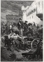 Siege de Metz (1552) – Francois de Guise a práce na hradbách Metz – rytina z „“ Historie Francie vyprávěná mým vnoučatům“ – od Francoise Guizota – 1872-1876