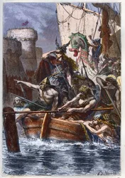 Obléhání Paříže (885-887): vpád Normanů (Vikingů) v roce 886 - vikingský nájezdník Rollo (Rollon) Strážce útočí na Paříž po Seině v roce 885 n. l. - rytina z knihy „Histoire de France racontée à mes petits-enfants“ - François Guizot - 1872-1876