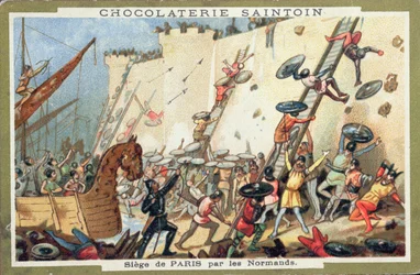 Obléhání Paříže Normany v 9. století, reklama pro Chocolaterie Saintoin, kolem roku 1900