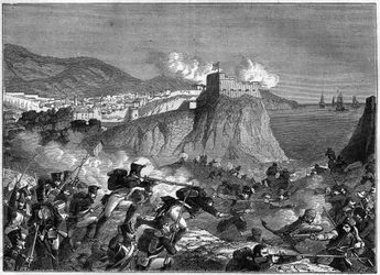 Obléhání Ragusy (Republika Ragusa) (Ragusa v chorvatském Dubrovníku) během napoleonských válek v květnu a červnu 1806 (dalmátské tažení generálem Molitorem a Lauristonem) - v „“Historie říše po historii konzulátu““ od Adolfa Thier