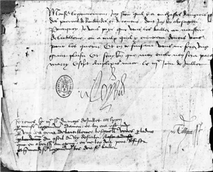 Podpis Ludvíka XI na dopise guvernérovi Anjou ze dne 3. července 1472 (inkoust na papíře)