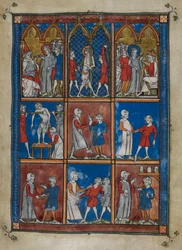 Sloane MS 1977 fol.6r Devět miniatur zobrazujících biblické a lékařské výjevy. Nahoře Kristus před Kaifášem a Pilátem; bičování. Centrum a níže, lékaři ošetřující pacienty se zlomenými kostmi a jinými nemocemi