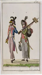 Vojáci francouzské revoluce nesoucí bajonety v roce 1793