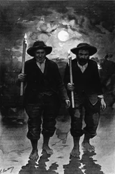 Zdroj a nemocní: dva muži, jeden noční úplněk, každý drží svíčku a chodí bos (průvod?) - v „Journal des voyages“