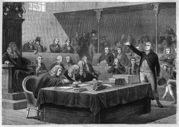Projev zástupce Foxe k parlamentu Anglie o francouzské invazi do Švýcarska, listopad 1802 – rytina z „“ Histoire du Consulate et de l