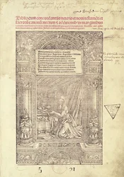 Sv. Jeroným ve svém studiu, titulní strana Bible, tisk J. Marion, Lyon, 1521