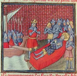 St. Louis umírá na mor 25. srpna 1270 během křížové výpravy proti Tunisu, z rukopisu „Grands Chroniques de France“ (vellum)
