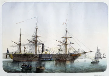 Parní fregata v přístavu Toulon, cca 1850