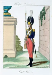 Swiss Centurian, od Troupes Francaises, hospoda. chez Basset, Paříž, kolem roku 1790