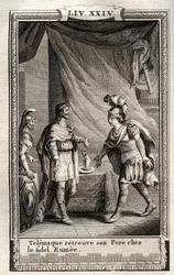 Telemaque najde Ulisse - rytina z roku 1798 od Monneta v „Les Aventures de Telemaque, fils d