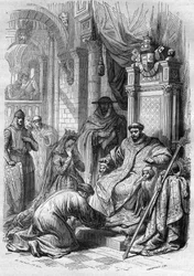 Archeveque Saint Dunstan donutil anglického krále Edwyho (941-959) k rozvodu. Rytina do „Historie prostituce a zhýralosti mezi všemi národy světa od starověku po současnost“ od Dr. Th. -F. Debray. 1879.