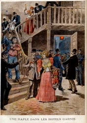 Zatčení prostitutek v pařížských hotelech (penzion) - Přehled vyplněných hotelů - v „Le Petit Journal“ z 4.8.1895 (rytina)