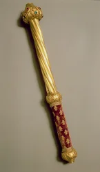 Obuv Guillauma de Roquemont, 1384 (zlato, vermeil, samet a drahé kameny)
