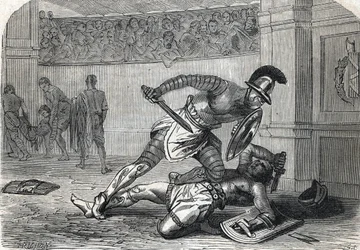 Bitva gladiátorů v aréně (rytina) 1864