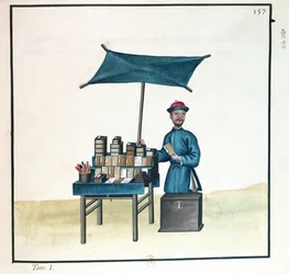 Prodavač knih, z knihy o pouličních hovorech v Pekingu, asi 1785 (čb a kvaš na papíře)