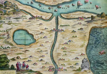 Carte du Tendre, mapa imaginární země, ze svazku II Clelie, kterou napsala Mademoiselle de Scudery, vyryla Francois Chauveau (1613-76) 1656