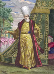Vrchní janičář z knihy Recueil destampes sur les Costumes du Levant, vyryl Gerard Jean Baptiste Scotin (1671-1716) 1707-08